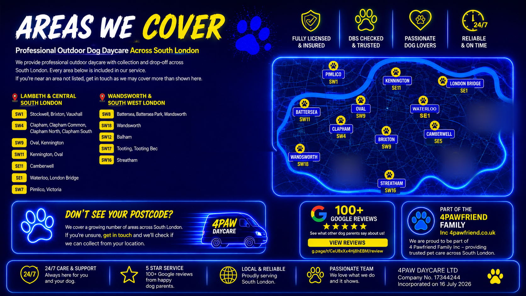 4Paw Daycare areas we cover — outdoor dog daycare across South London including Clapham, Battersea, Balham, Wandsworth and Tooting.