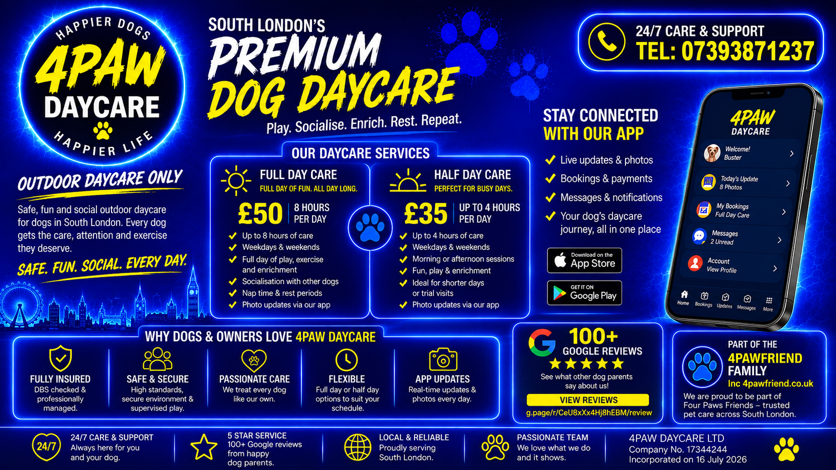 4Paw Daycare — South London's premium outdoor dog daycare. Full day care £50, half day care £35.